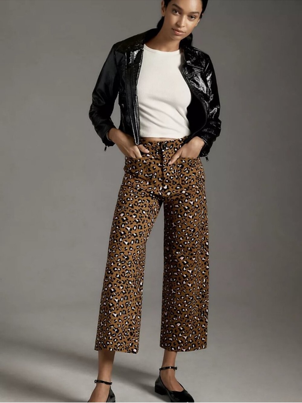 Anthropologie Maeve Pants Colette Wide Leg Cropped in Ponte Leopard Tan